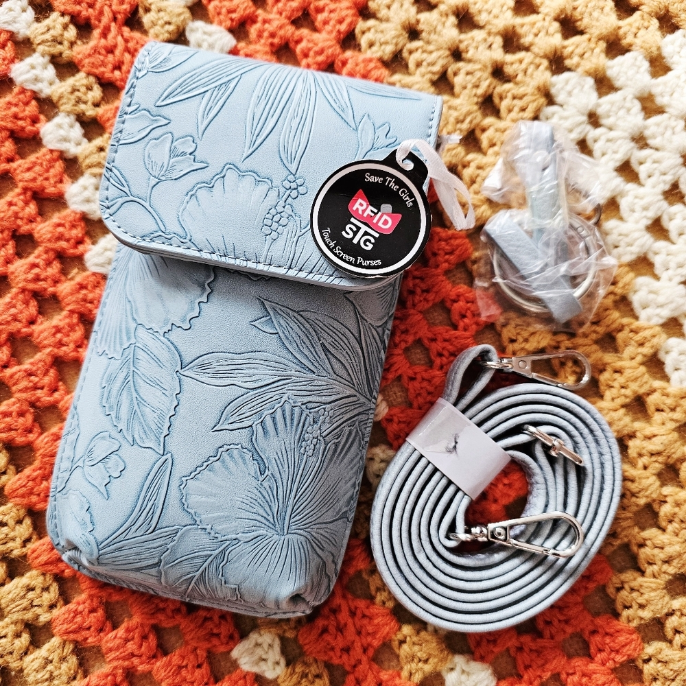 RFID Touchscreen Floral Crossbody Save The Girls Swing Along Bag Light Blue